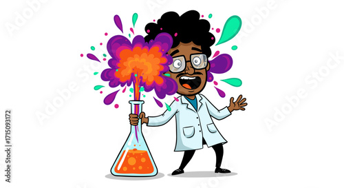 Cartoon Scientist Man With Explosive Chemical Reaction in Flask Surprise and Excitement Isolated on White Background
