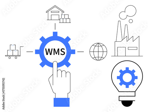 Hand interacting with gear marked WMS, surrounded by warehouse, factory, cart, globe, and lightbulb. Ideal for logistics, supply chain, efficiency technology planning innovation management flat