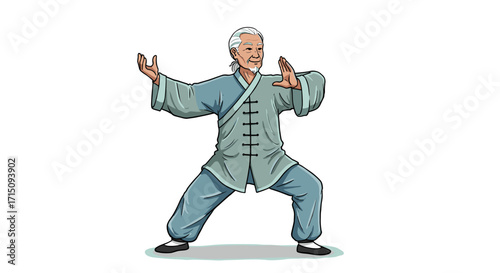 Elderly Man Practicing Traditional Tai Chi Martial Arts in Peaceful Meditation Pose Isolated on White Background
