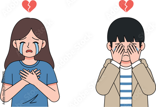 Sad Couple with Broken Hearts, Emotional Pain, Crying Characters, Heartbreak Illustration, Depression, Anxiety, Mental Health, Relationship Loss, Vector Art
