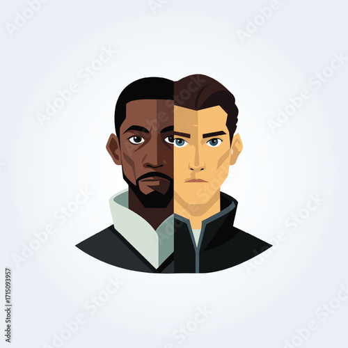 A cartoon character illustration of a black man and a white man