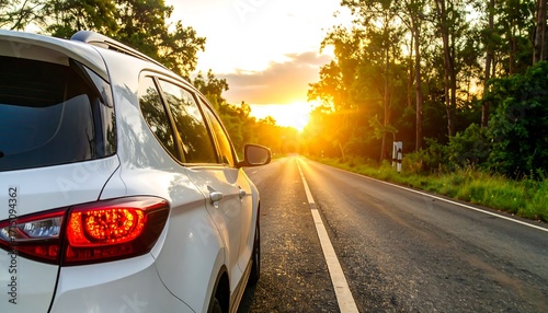 White SUV on a road at sunset