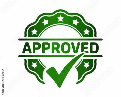 Green approved stamp with stars and check mark indicating validation and confirmation of approval status