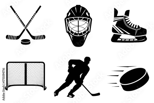Black and white hockey icons including sticks puck mask skate player and net arranged in a grid layout
