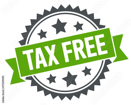 Illustration of a tax free emblem with green banner and gray seal with stars in a white background