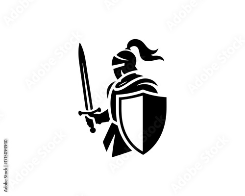 Silhouette of a medieval knight holding a sword and shield in a defensive stance on a white background