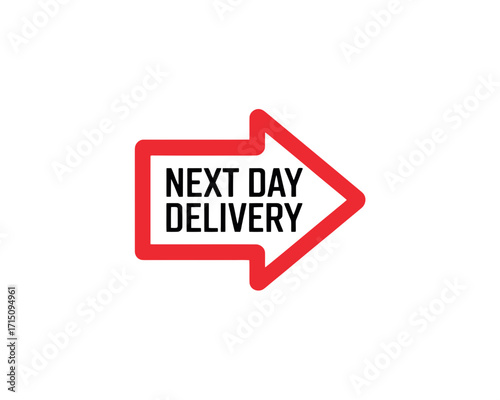 Red arrow pointing right with next day delivery text indicating fast shipping service available now to clients
