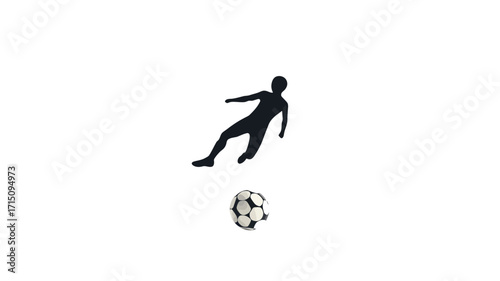 Silhouette of a soccer player kicking a ball in a dynamic pose on a plain white background scene