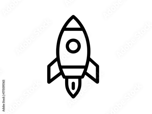 Simple line drawing of a rocket ship with wings and a circular window on a white background image