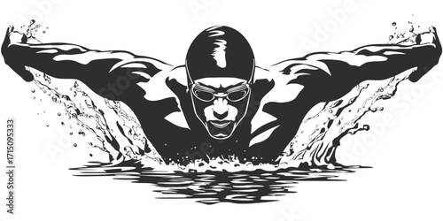 Illustration of a swimmer in the butterfly stroke with water splashes and ripples in black and white style