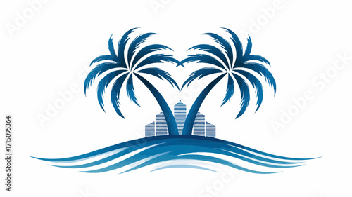 Two palm trees framing city buildings on a wave design in blue and white color scheme illustration