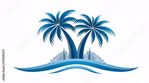 Two palm trees with blue fronds and trunks on a sandy island with blue waves and building silhouettes