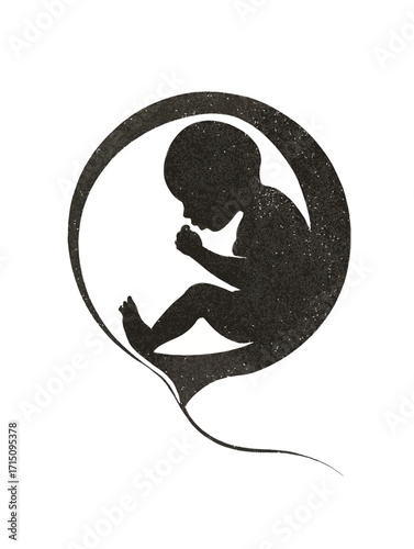 Silhouette of baby in womb with hand near mouth inside circle on white background design element