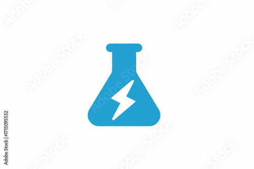 Blue erlenmeyer flask with a white lightning bolt inside on a white background illustration