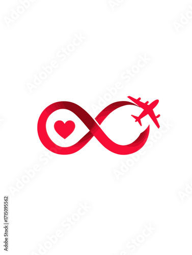 Aesthetic red infinity symbol with a heart on the left and an airplane on the right side on a white background