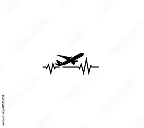 Silhouette of an airplane taking off superimposed on a heartbeat line illustration art design