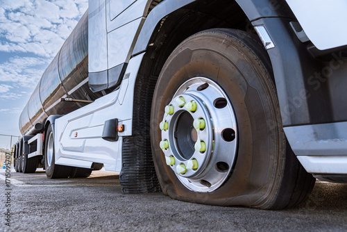 Deflated truck steering axle tire waiting for maintenance and repair