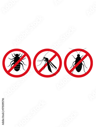 Three signs showing a bedbug mosquito and cockroach with a red prohibition circle on a white background