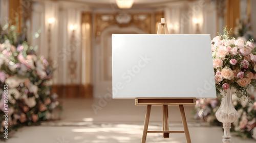 Blank canvas on easel in luxurious ballroom with lavish flowers, ready for custom announcement or artwork at an elegant event