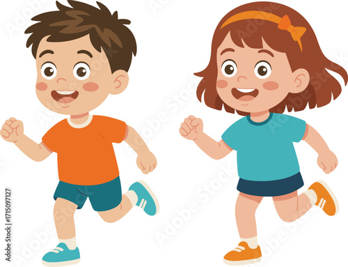 Cartoon children running, active kids exercise, outdoor playtime, happy childhood activity, fitness illustration, playful movement, healthy lifestyle, sports, fun, energy, recreation, joy