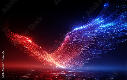 Colorful glowing wings with digital particle effects