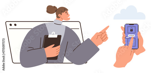 Woman holding clipboard pointing at smartphone unlocking via touchscreen. Ideal for technology, security, teamwork, innovation, mobile access, communication, business growth. A simple flat metaphor