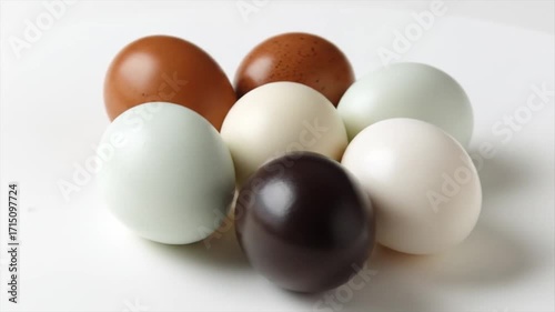 Assorted eggs of various colors and textures arranged in a close-up display.