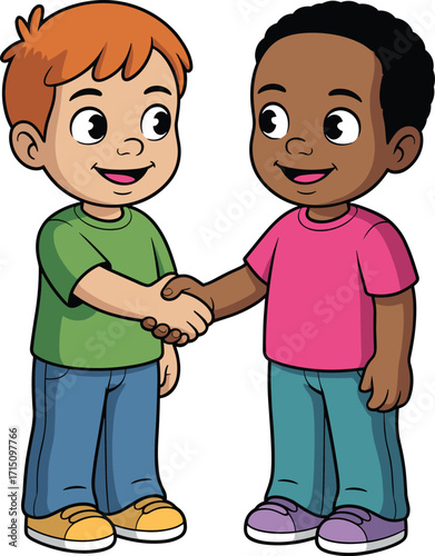 Friendly handshake between diverse children, cartoon illustration, multicultural kids smiling, friendship concept, teamwork, unity, cooperation, positive interaction, 