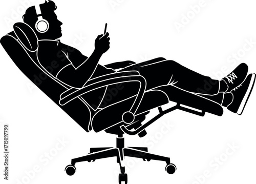 Silhouette of man reclining in ergonomic office chair with headphones and smartphone, relaxing posture, modern workspace, leisure break concept
