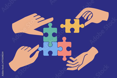 Hands assembling colorful puzzle pieces
