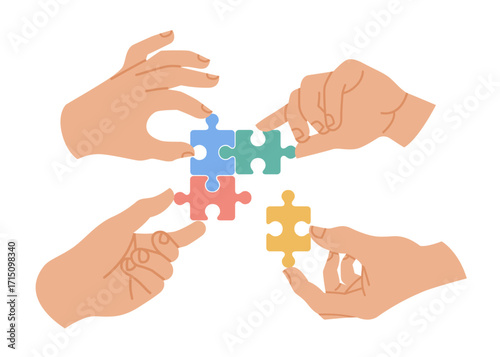 Hands assembling colorful puzzle pieces