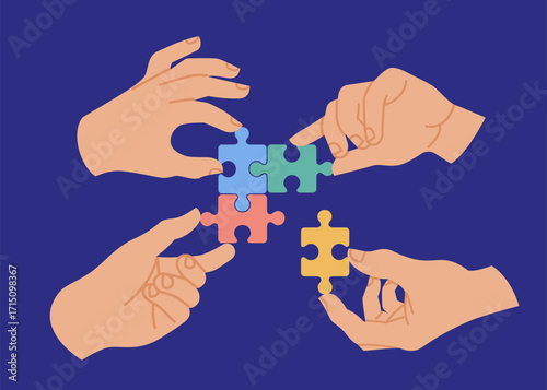 Hands assembling colorful puzzle pieces