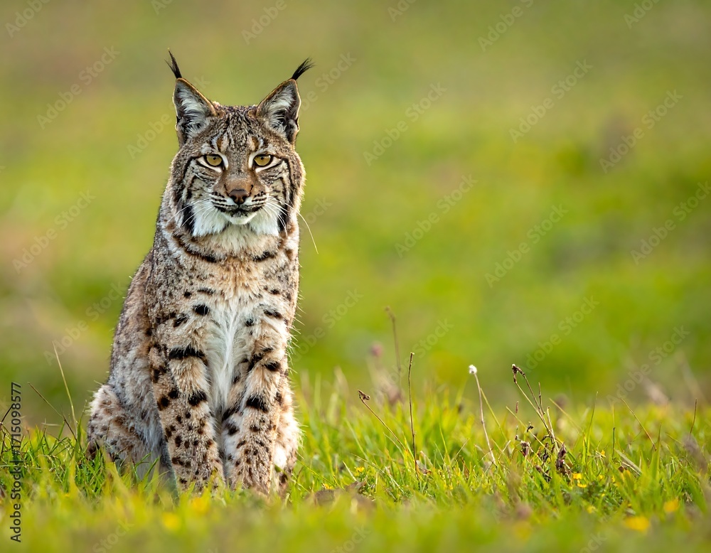 Naklejka premium A magnificent lynx sits serenely in a grassy field, showcasing its striking patterns and intense gaze.