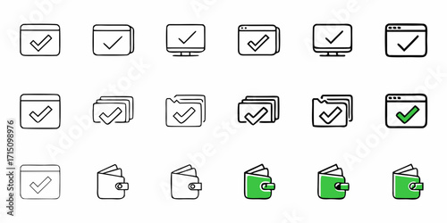 Hand drawn check mark vector icon set for digital task completion and financial success concepts
