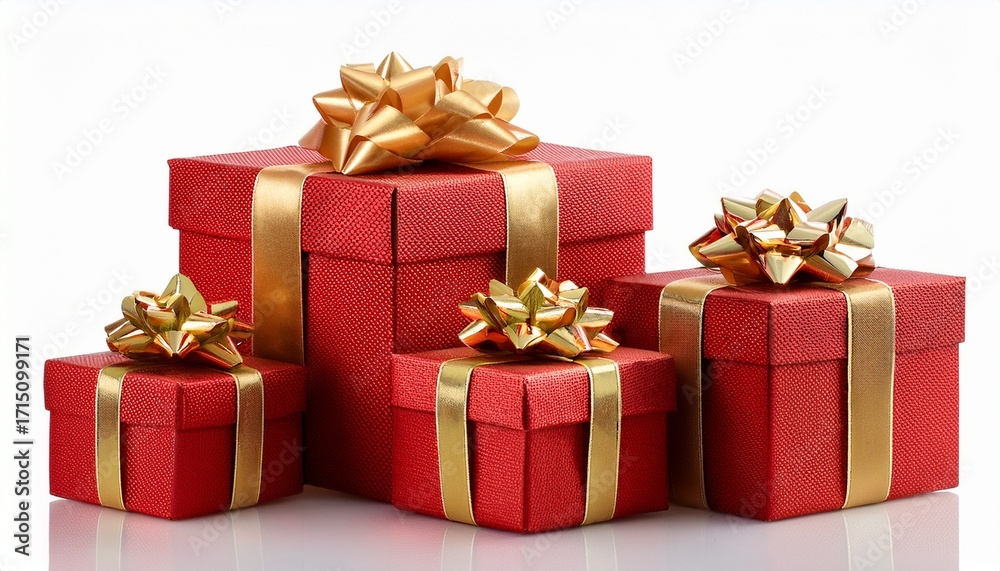 Obraz premium Red Gift Boxes With Golden Ribbon And Bow Isolated On White