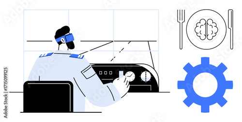 Pilot in cockpit adjusting controls, gear symbol, brain-themed meal on a plate with utensils. Ideal for aviation, technology, innovation, decision-making, training neuroscience modern tools. Simple