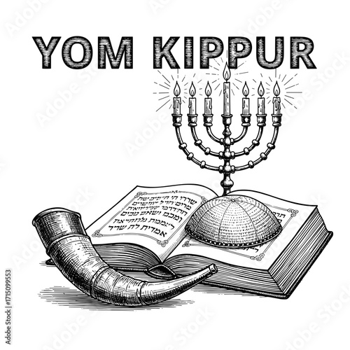 Yom Kippur engraving sketch with menorah, kippah, Torah book and shofar, black and white vector illustration on white background