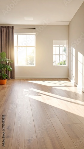 Sunlit empty room with hardwood floors, large windows, and a potted plant, showcasing bright natural light and minimalist design