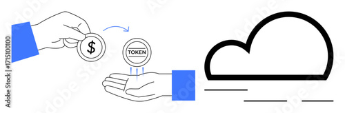 Hand passing a coin with dollar sign, receiving a token next to a cloud. Ideal for cryptocurrency, blockchain, digital payments, cloud computing, online transactions, fintech virtual economy. Simple