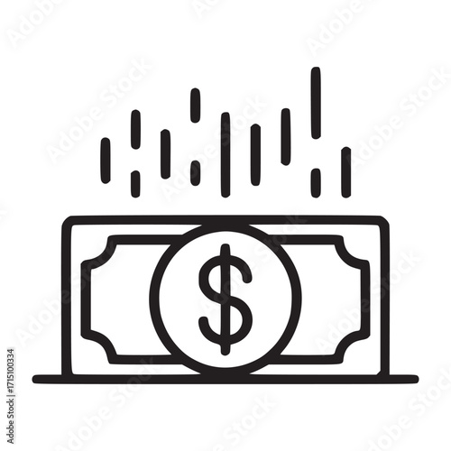 Illustration of a dollar bill with rising lines above it, , representing financial growth, investment, or economic prosperity in a simple and modern design