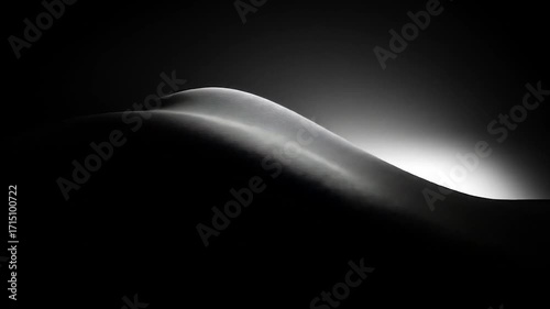 A striking black and white abstract landscape, showcasing smooth, sculpted forms in a dramatic light and shadow play.