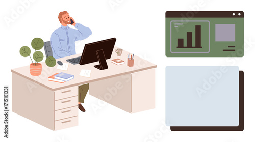 Professional sitting at desk making a phone call, surrounded by monitor, plants, books, and charts. Ideal for productivity, remote work, data analysis, business communication office setup