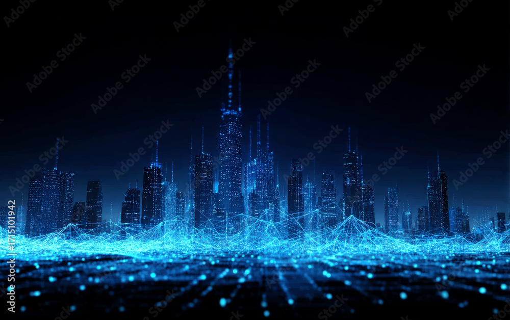 Fototapeta premium Smart City with Digital Network Connecting Modern Skyscrapers