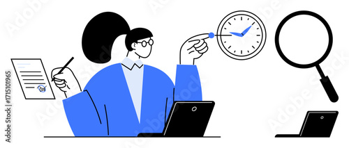 Female figure with ponytail reviewing document, checking time on clock, and monitoring laptop, magnifying glass. Ideal for time management, productivity, multitasking, goal setting, focus