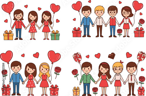 Romantic couple illustration, Valentine’s Day design, love celebration artwork, cartoon style couples, heart balloons, roses, gift boxes, happiness, affection, romance