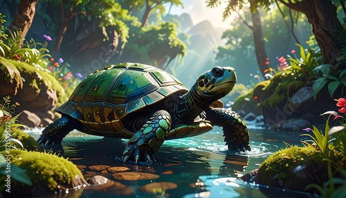 Turtle in a lush, sunlit forest stream