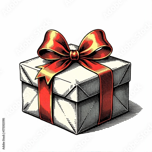 Vintage illustration of a gift box with a red ribbon and bow  