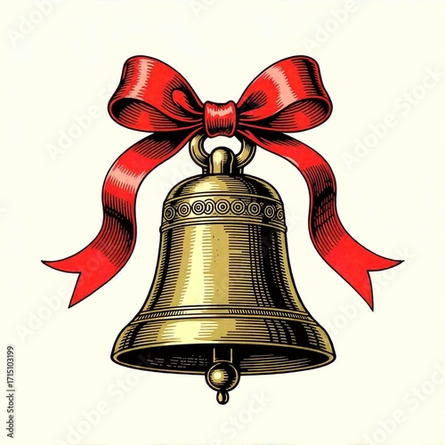 Golden Christmas bell with red ribbon bow in vintage engraving style  