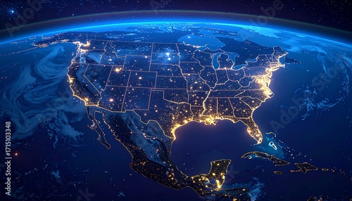 Nighttime satellite view of North America, showcasing illuminated cities and coastlines against a dark space backdrop.