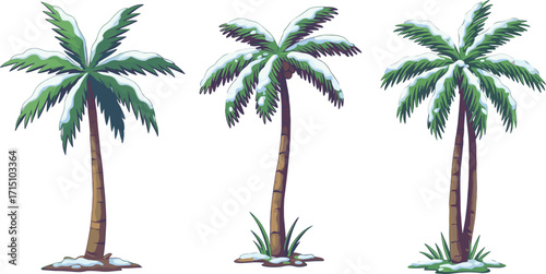 Snow covered palm trees, tropical winter scene, cartoon illustration, exotic holiday background, unusual climate concept, seasonal artwork, nature design, creative landscape